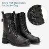 imageVepose Womens Combat Boots Low Heel Mid Calf Military Boots with Card Knife Wallet PocketBuckle Combatblack Pu