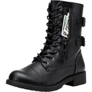 imageVepose Womens Combat Boots Low Heel Mid Calf Military Boots with Card Knife Wallet PocketAhigh Combatblack