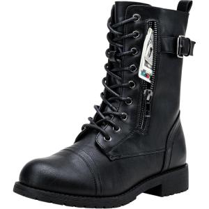 imageVepose Womens Combat Boots Low Heel Mid Calf Military Boots with Card Knife Wallet PocketAmilitaryblack