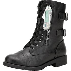 imageVepose Womens Combat Boots Low Heel Mid Calf Military Boots with Card Knife Wallet PocketAtwo Strapsblack Pu