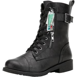 imageVepose Womens Combat Boots Low Heel Mid Calf Military Boots with Card Knife Wallet PocketBuckle Combatblack Pu
