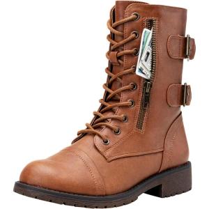 imageVepose Womens Combat Boots Low Heel Mid Calf Military Boots with Card Knife Wallet PocketHigh Combatbrown