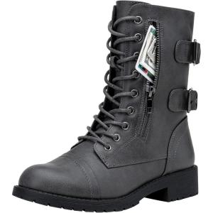 imageVepose Womens Combat Boots Low Heel Mid Calf Military Boots with Card Knife Wallet PocketHigh Combatgrey