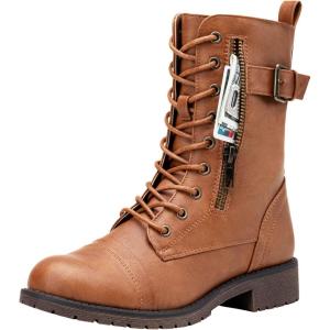 imageVepose Womens Combat Boots Low Heel Mid Calf Military Boots with Card Knife Wallet PocketMilitarybrown
