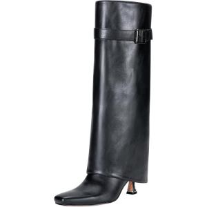 imageVepose Knee High Tall Long Boots for Women Square Toe Fold Over Fashion Cute Kitten Heel Faux Leather 9527 with Buckle Inside ZipperBlack9527