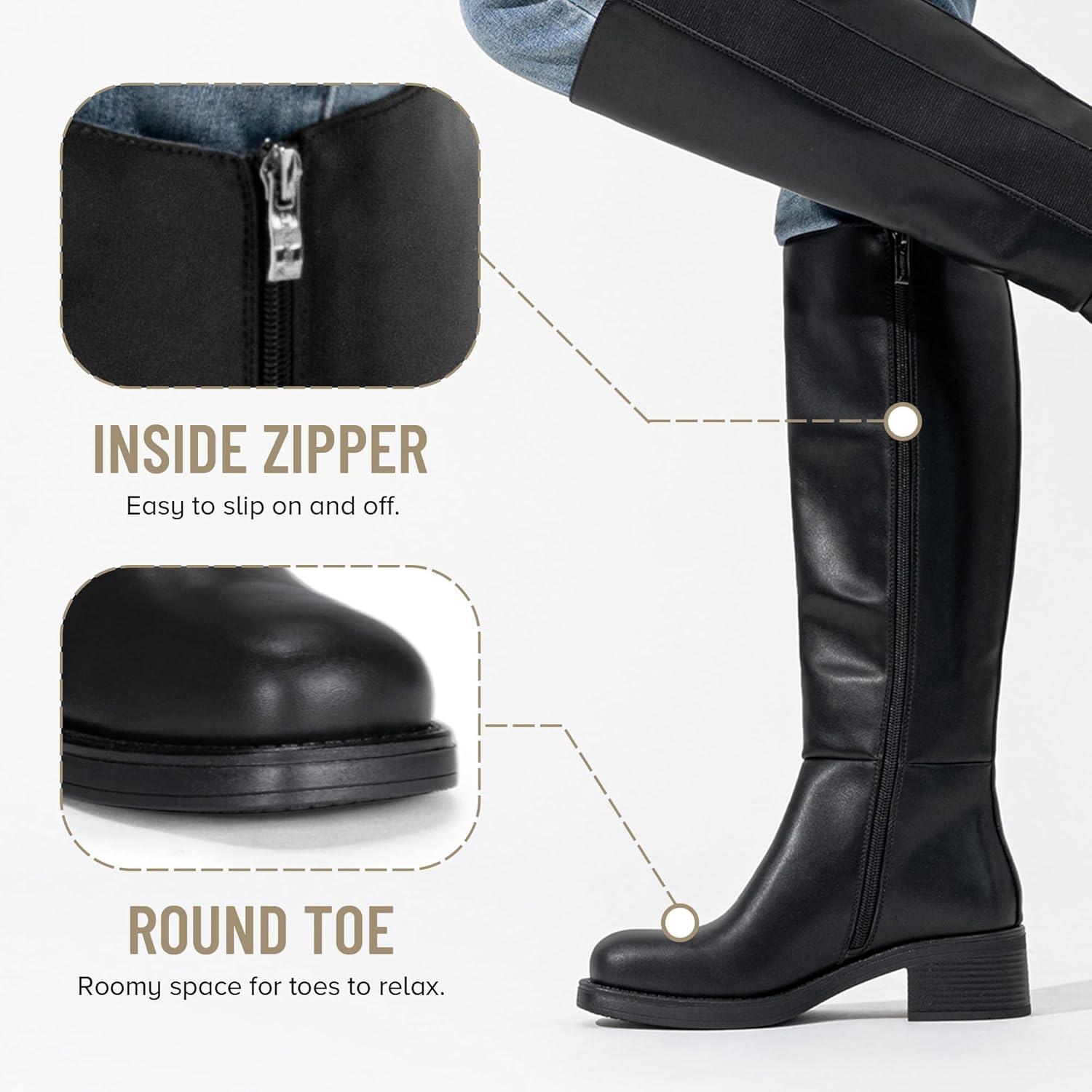 imageVepose Womens Low Heel KneeHigh Boots9566 Pullon Elastic Band Round Toe Tall Gusset Boot with Inner ZipperKneehigh Boots9566black