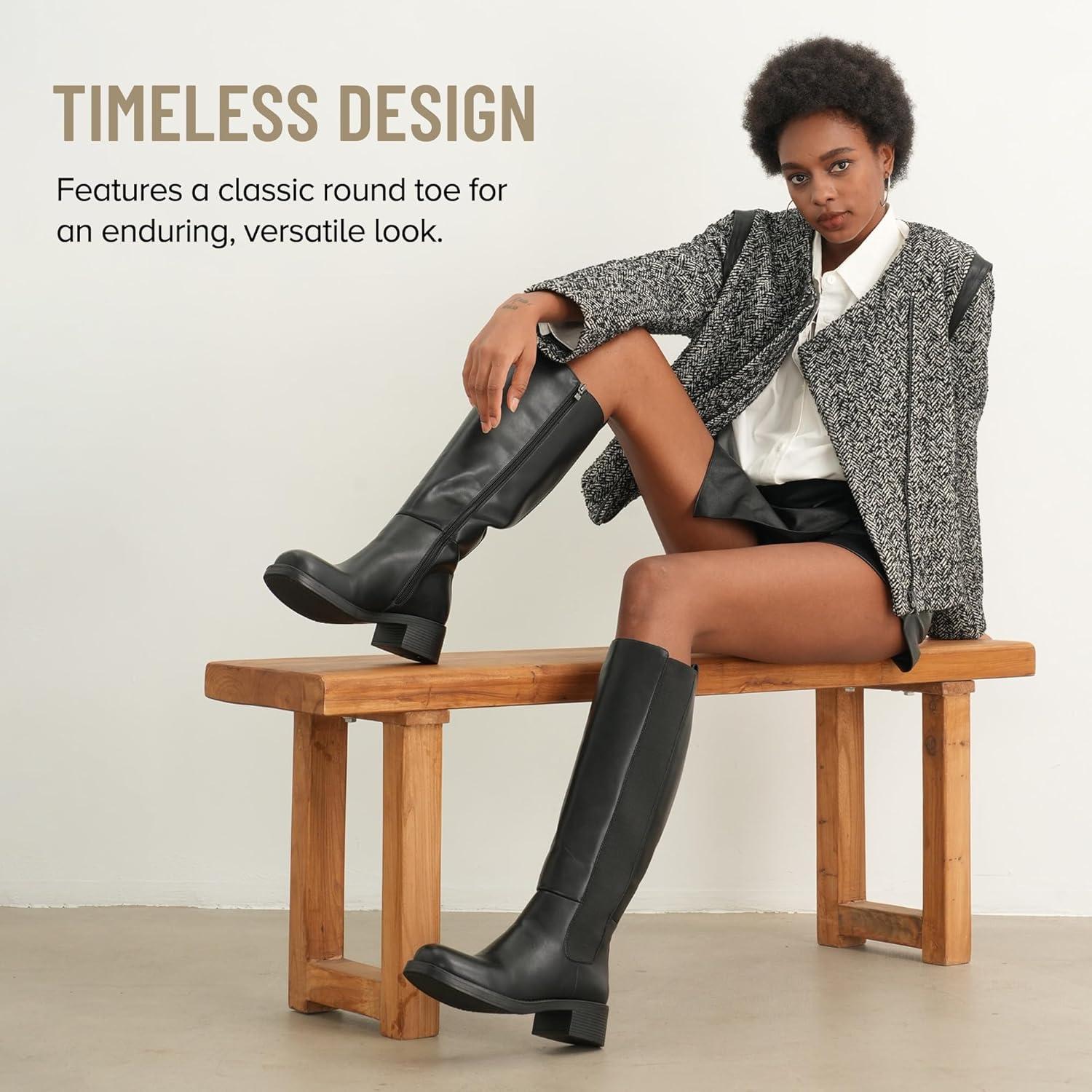 imageVepose Womens Low Heel KneeHigh Boots9566 Pullon Elastic Band Round Toe Tall Gusset Boot with Inner ZipperKneehigh Boots9566black