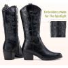 imageVepose 9803 Cowboy Boots Women Cowgirl Embroided Western Pull on Pointed Toe MidCalf Chunky Heel Boots with Inside ZipperBlackwestern9803