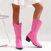 imageVepose 9803 Cowboy Boots Women Cowgirl Embroided Western Pull on Pointed Toe MidCalf Chunky Heel Boots with Inside ZipperPinkwestern9803