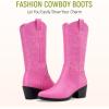 imageVepose 9803 Cowboy Boots Women Cowgirl Embroided Western Pull on Pointed Toe MidCalf Chunky Heel Boots with Inside ZipperPinkwestern9803