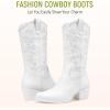 imageVepose 9803 Cowboy Boots Women Cowgirl Embroided Western Pull on Pointed Toe MidCalf Chunky Heel Boots with Inside ZipperWhitewestern9803