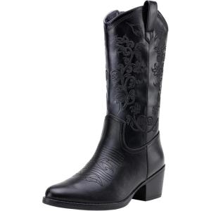 imageVepose 9803 Cowboy Boots Women Cowgirl Embroided Western Pull on Pointed Toe MidCalf Chunky Heel Boots with Inside ZipperBlackwestern9803