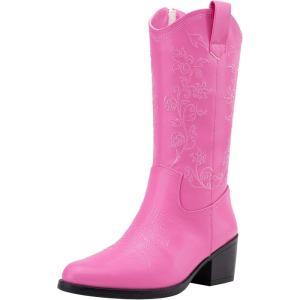 imageVepose 9803 Cowboy Boots Women Cowgirl Embroided Western Pull on Pointed Toe MidCalf Chunky Heel Boots with Inside ZipperPinkwestern9803