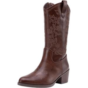 imageVepose 9803 Cowboy Boots Women Cowgirl Embroided Western Pull on Pointed Toe MidCalf Chunky Heel Boots with Inside ZipperWhiskywestern9803