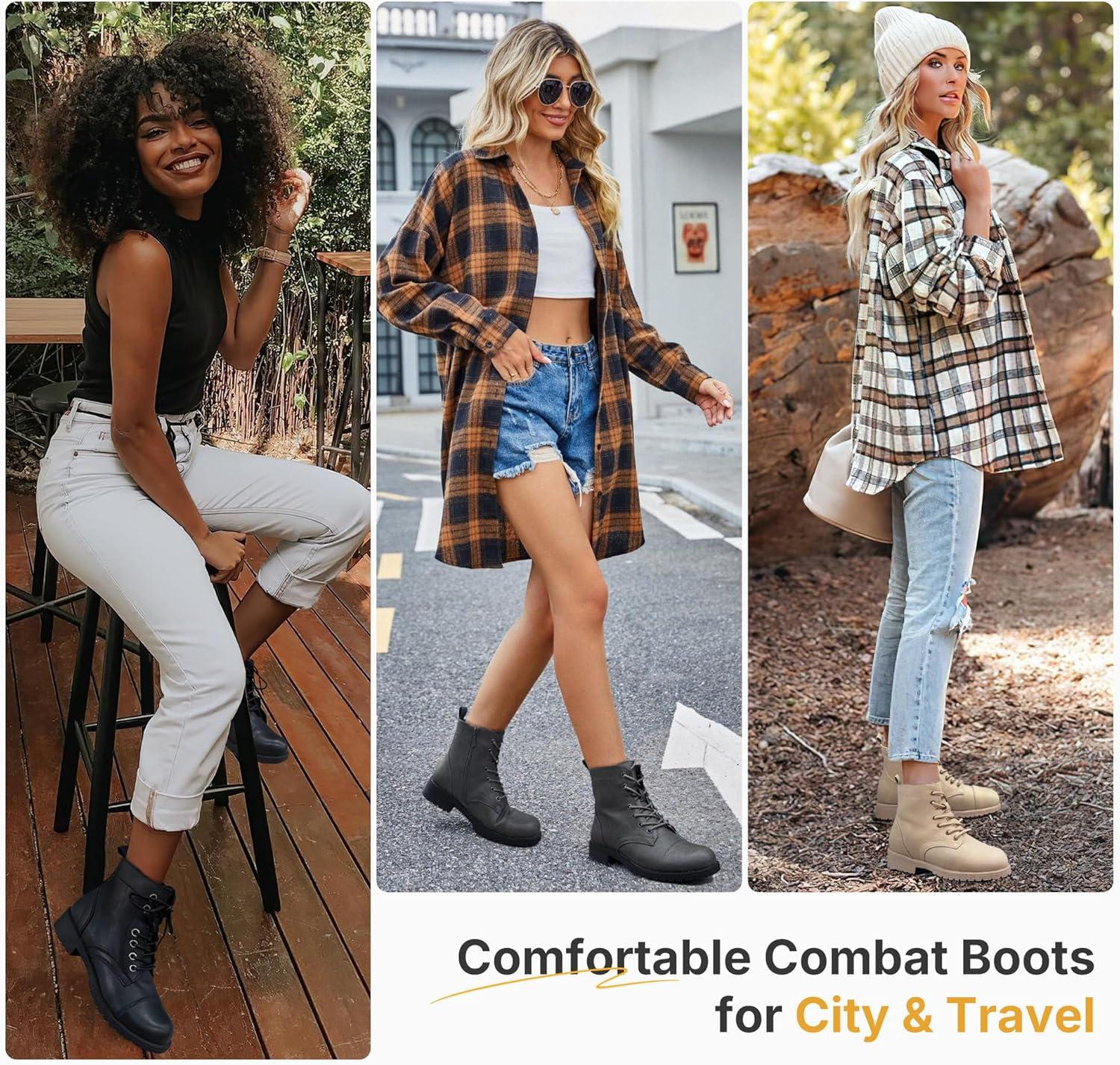 imageVepose Womens 910 Ankle Boots Lace up Flat Fashion Combat Booties Low HeelAnkle Booties910black