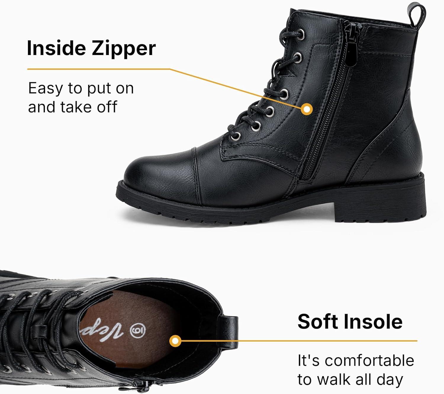 imageVepose Womens 910 Ankle Boots Lace up Flat Fashion Combat Booties Low HeelAnkle Booties910black