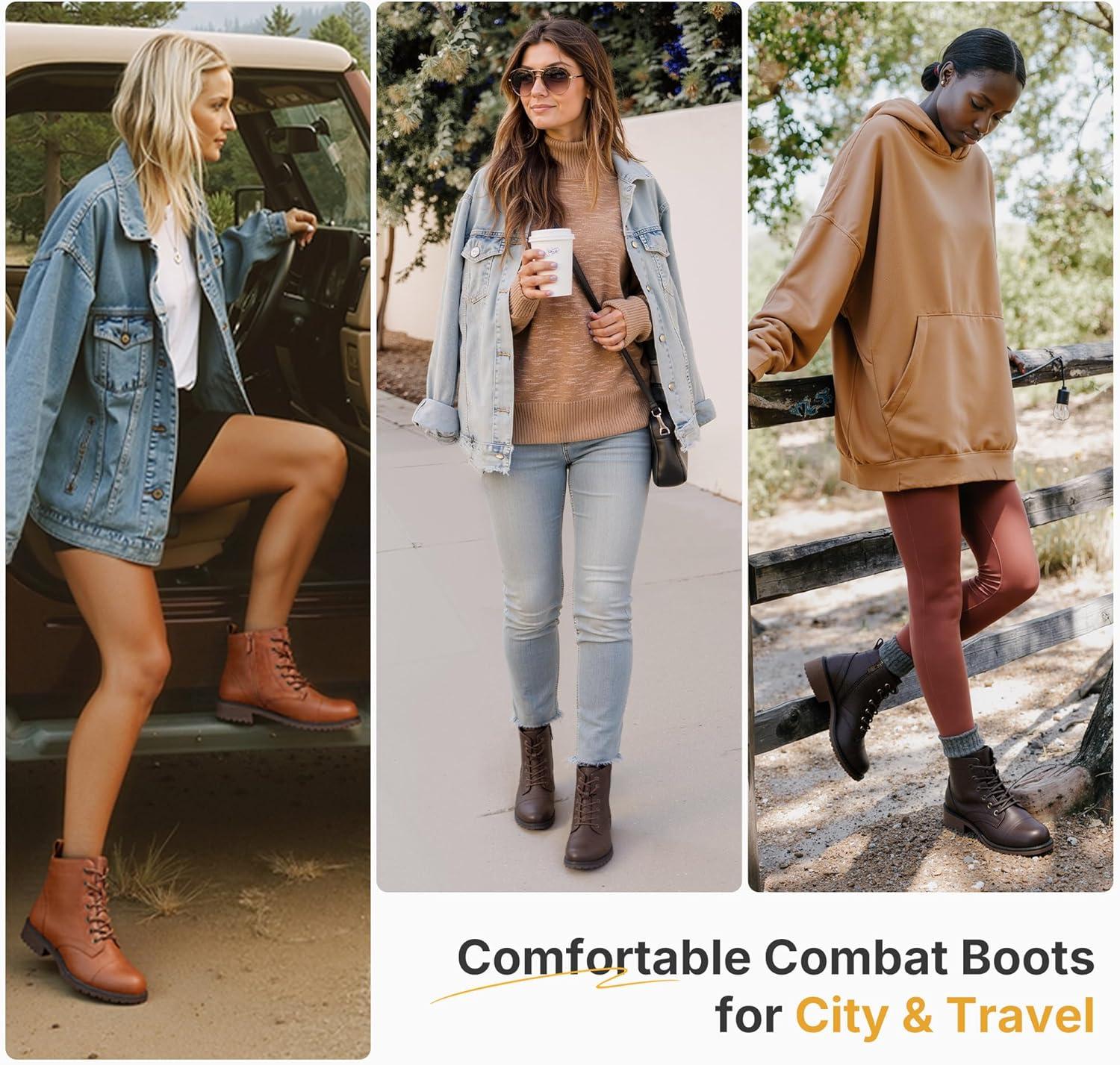 imageVepose Womens 910 Ankle Boots Lace up Flat Fashion Combat Booties Low HeelAnkle Booties910brown