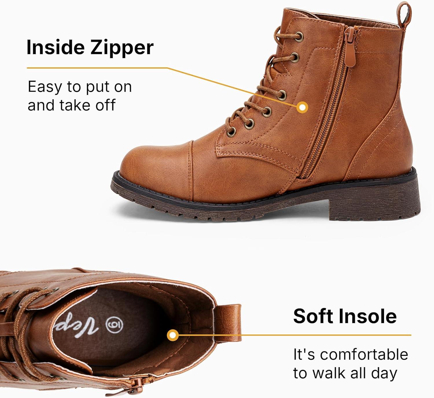 imageVepose Womens 910 Ankle Boots Lace up Flat Fashion Combat Booties Low HeelAnkle Booties910brown