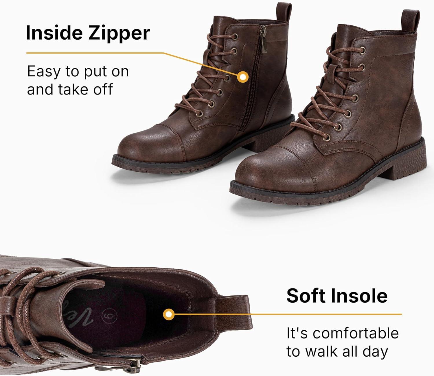 imageVepose Womens 910 Ankle Boots Lace up Flat Fashion Combat Booties Low HeelAnkle Booties910coffee