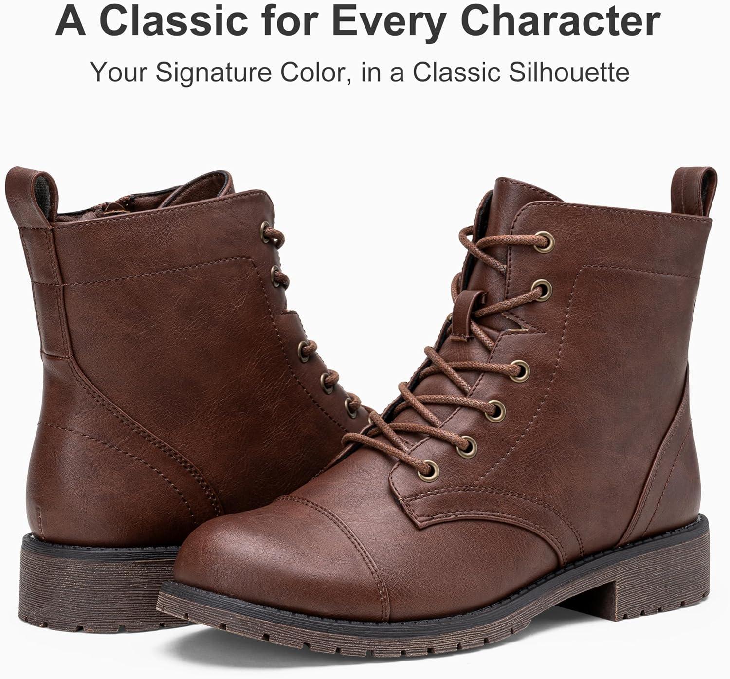 imageVepose Womens 910 Ankle Boots Lace up Flat Fashion Combat Booties Low HeelAnkle Booties910cognac