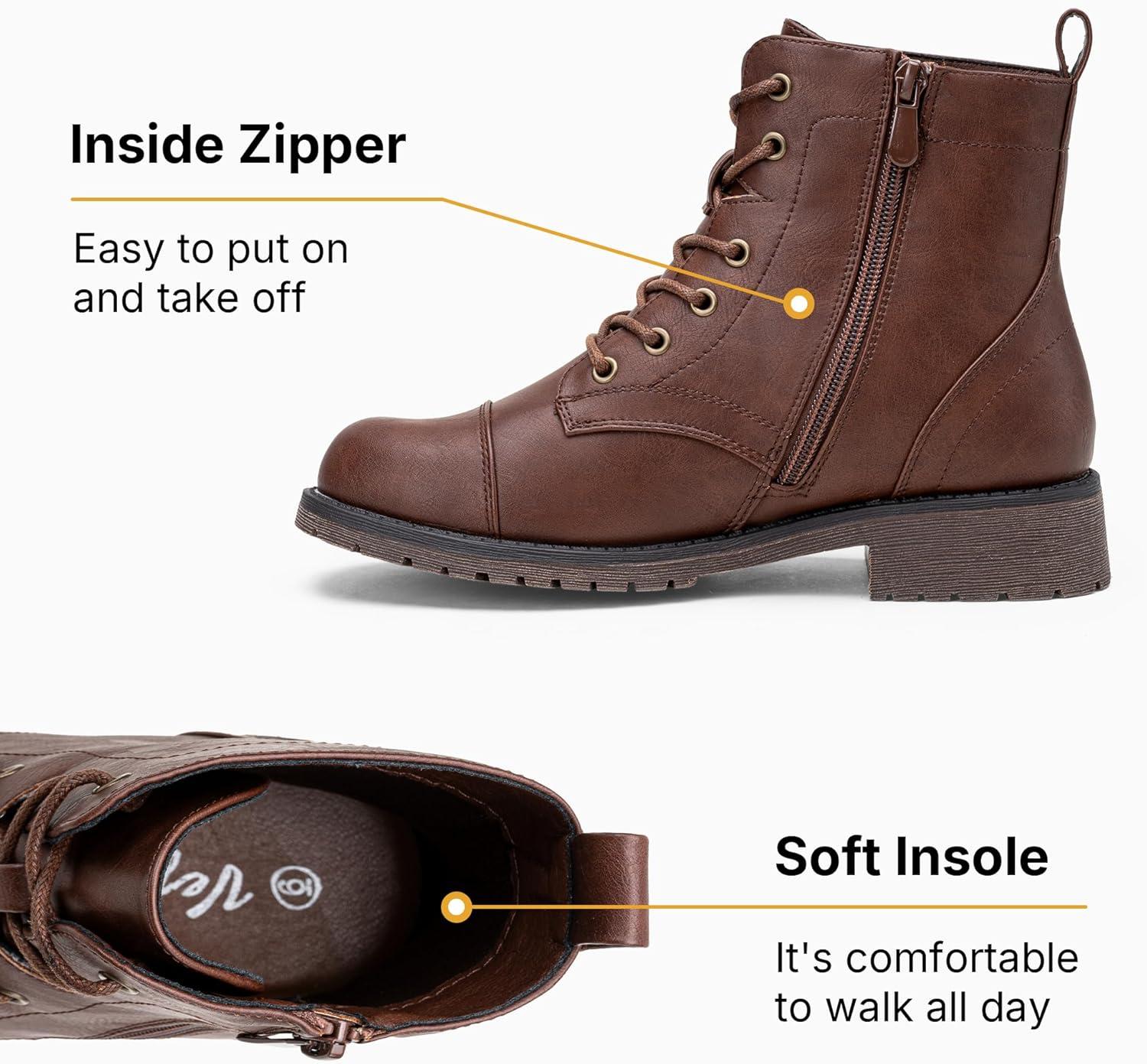 imageVepose Womens 910 Ankle Boots Lace up Flat Fashion Combat Booties Low HeelAnkle Booties910cognac