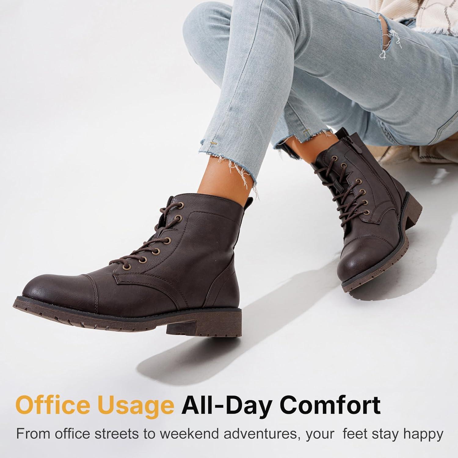 imageVepose Womens 910 Ankle Boots Lace up Flat Fashion Combat Booties Low HeelAnkle Booties910dark Brown