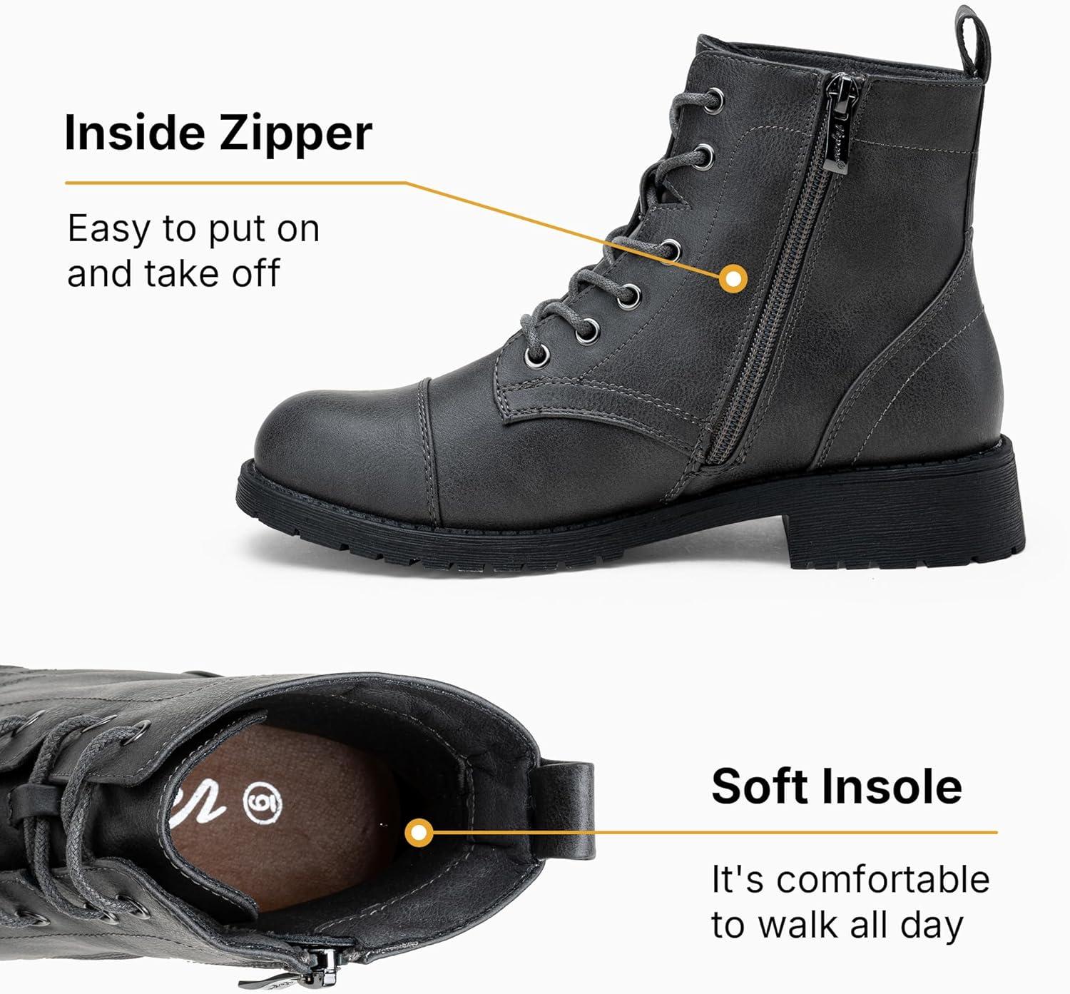 imageVepose Womens 910 Ankle Boots Lace up Flat Fashion Combat Booties Low HeelAnkle Booties910grey