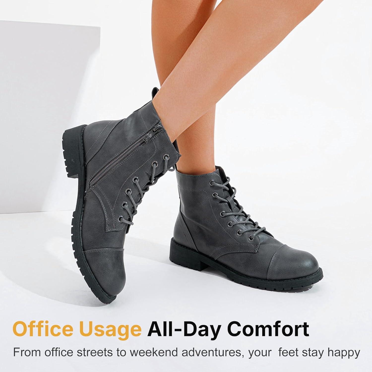 imageVepose Womens 910 Ankle Boots Lace up Flat Fashion Combat Booties Low HeelAnkle Booties910grey