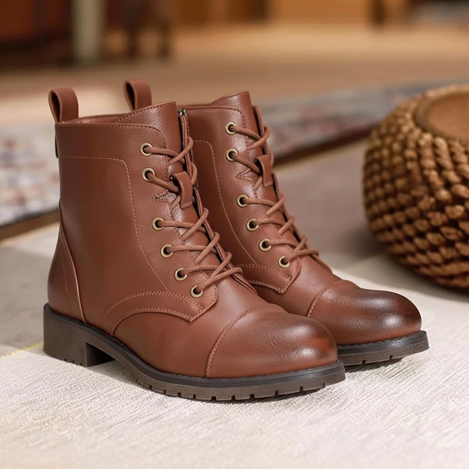 imageVepose Womens 910 Ankle Boots Lace up Flat Fashion Combat Booties Low HeelAnkle Booties910mocha Brown