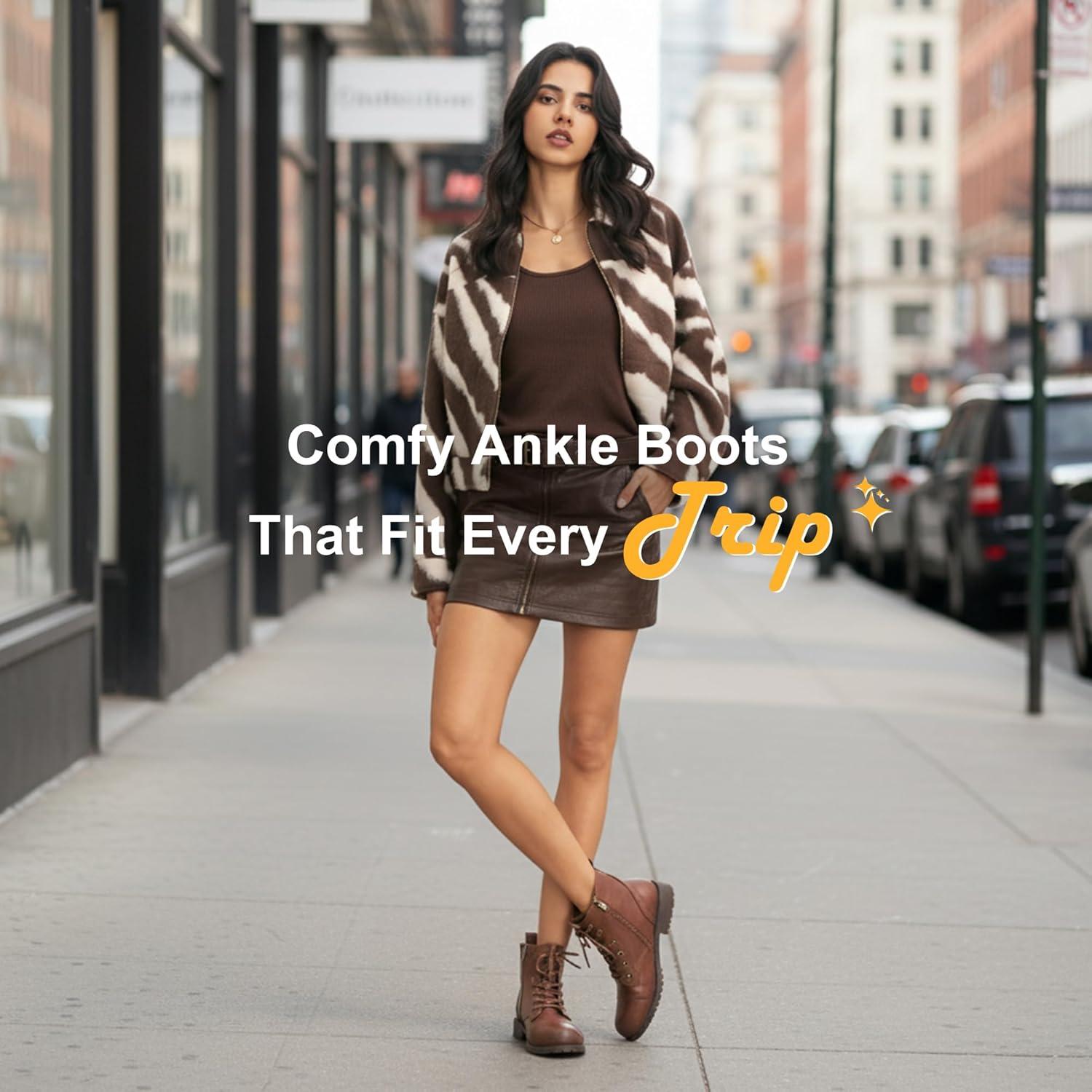 imageVepose Womens 910 Ankle Boots Lace up Flat Fashion Combat Booties Low HeelAnkle Booties910mocha Brown