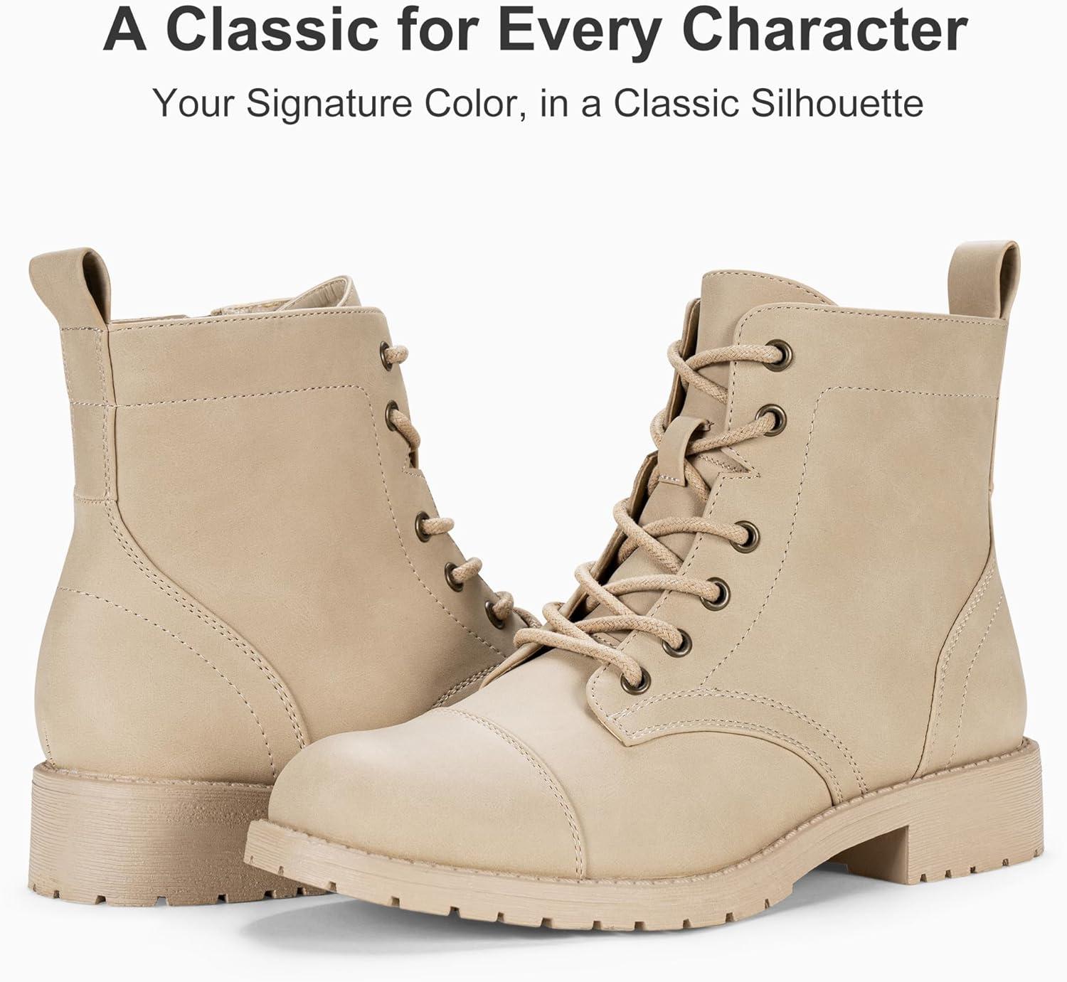 imageVepose Womens 910 Ankle Boots Lace up Flat Fashion Combat Booties Low HeelAnkle Booties910sand