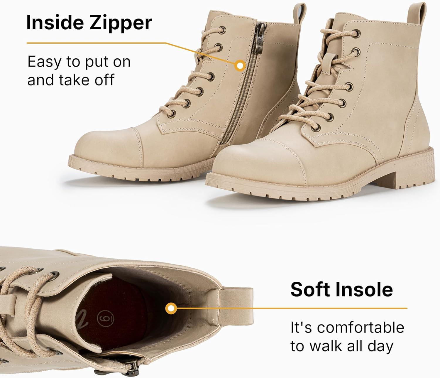 imageVepose Womens 910 Ankle Boots Lace up Flat Fashion Combat Booties Low HeelAnkle Booties910sand