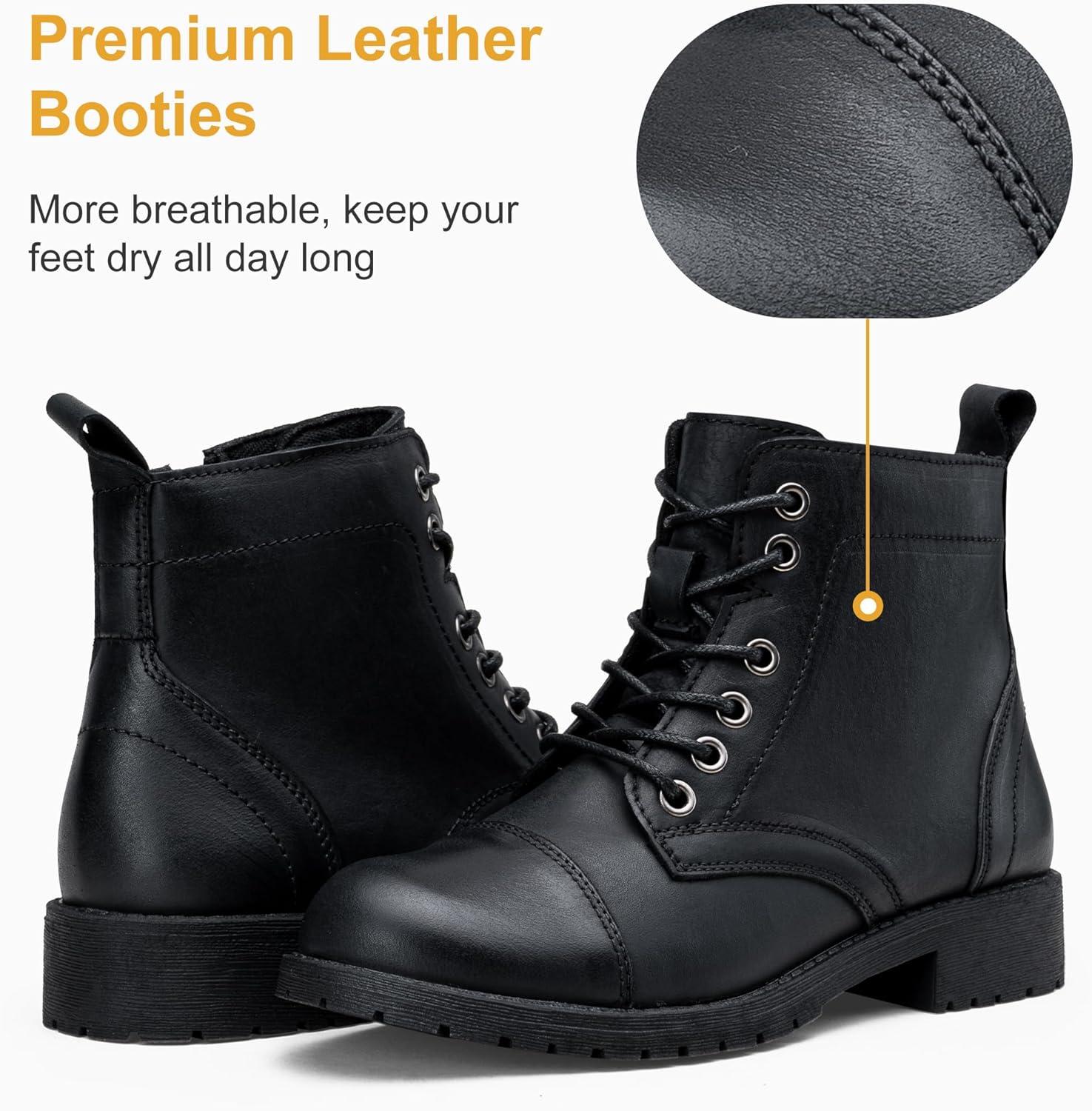 imageVepose Womens 910 Ankle Boots Lace up Flat Fashion Combat Booties Low HeelLeather Booties910lblack