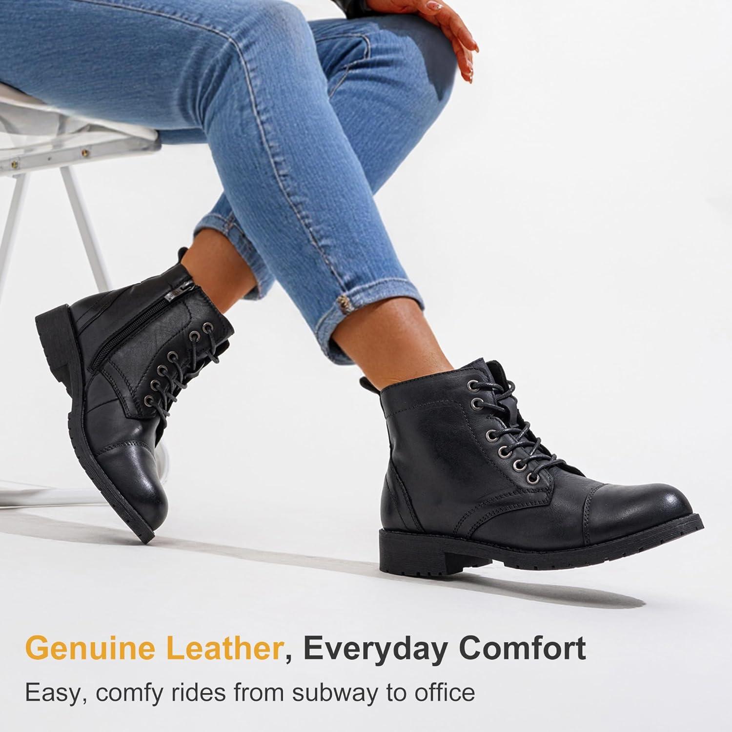 imageVepose Womens 910 Ankle Boots Lace up Flat Fashion Combat Booties Low HeelLeather Booties910lblack