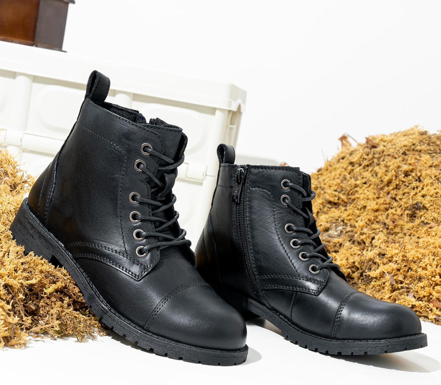 imageVepose Womens 910 Ankle Boots Lace up Flat Fashion Combat Booties Low HeelLeather Booties910lblack