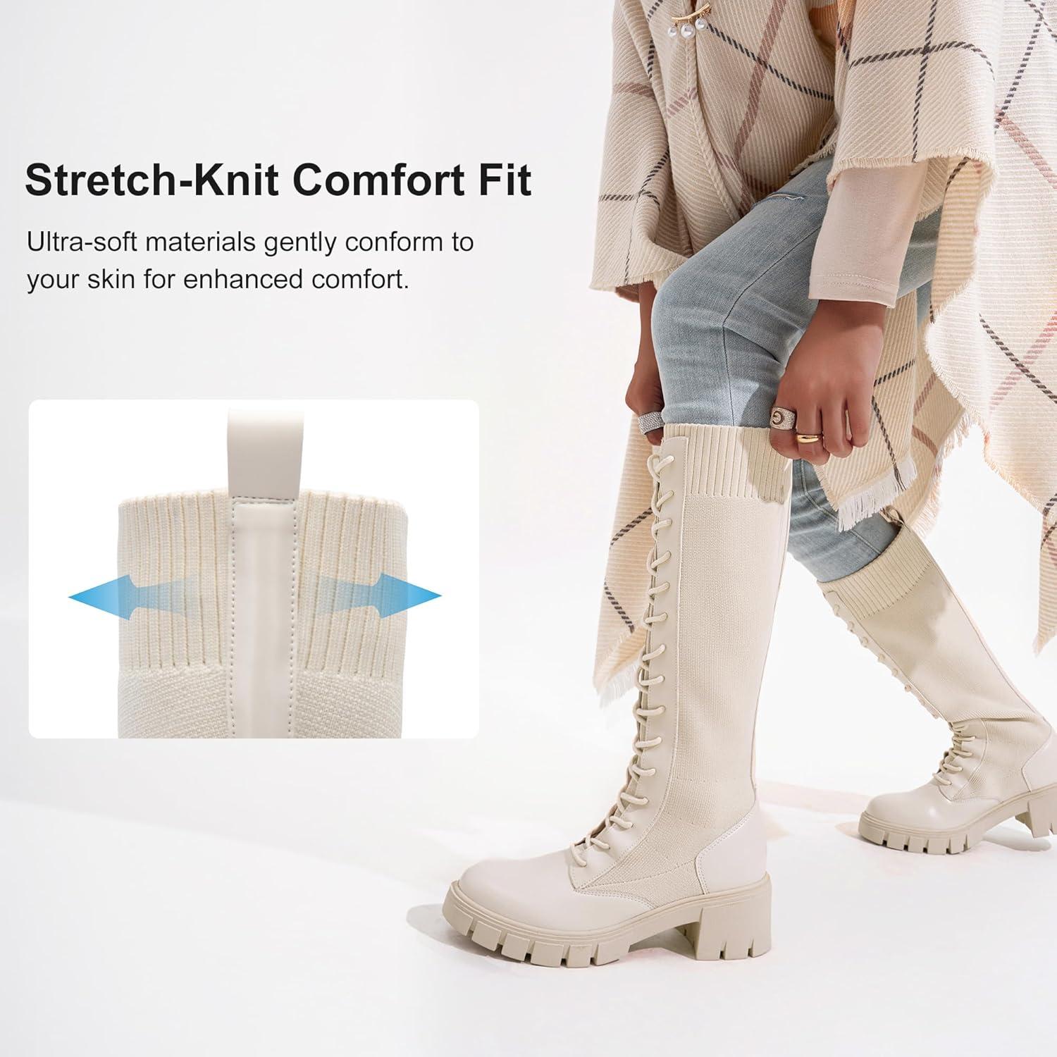 imageVepose Womens 953 Knee High Combat Boots Chunky Platform Heel Lace Up Gothic Punk Work Boots for Dresses and JeansBeige