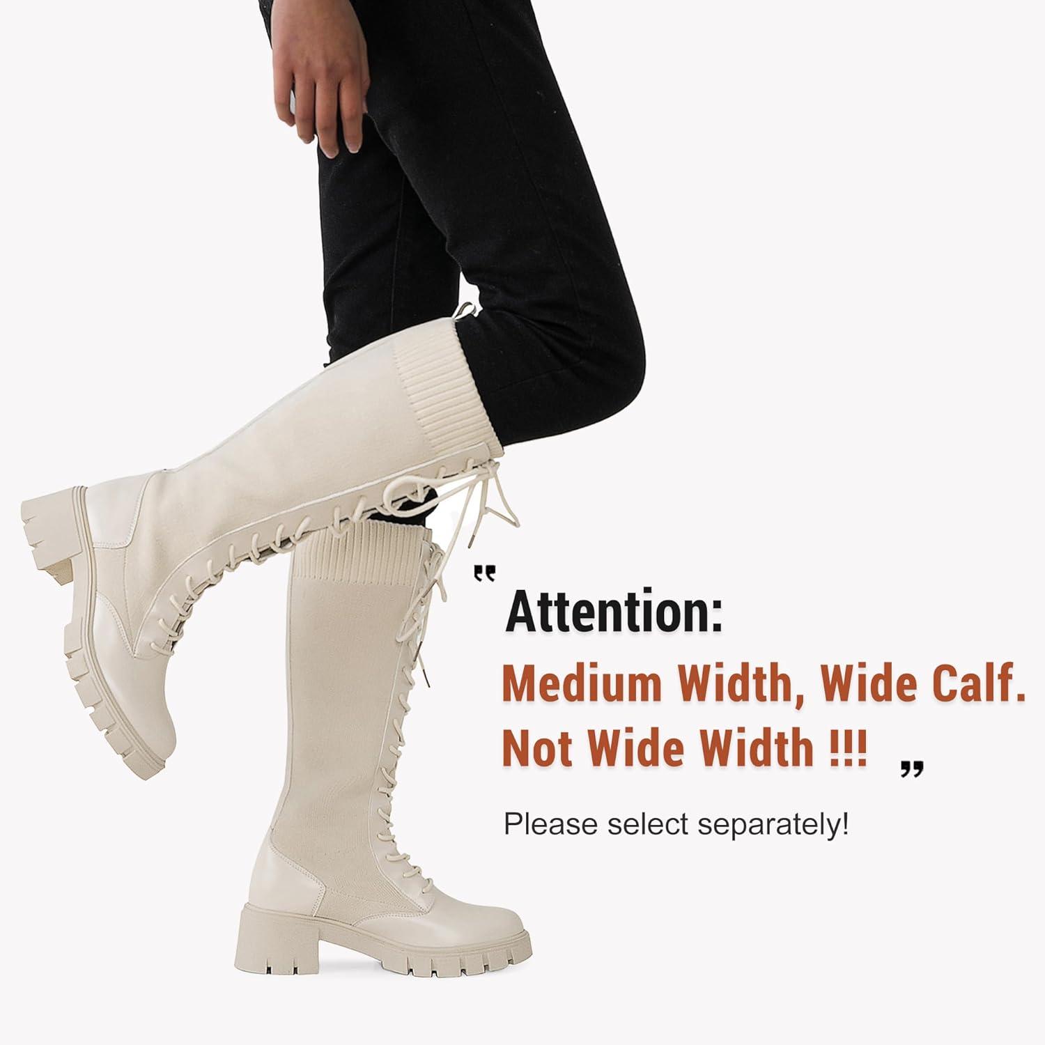 imageVepose Womens 953 Knee High Combat Boots Chunky Platform Heel Lace Up Gothic Punk Work Boots for Dresses and JeansBeige