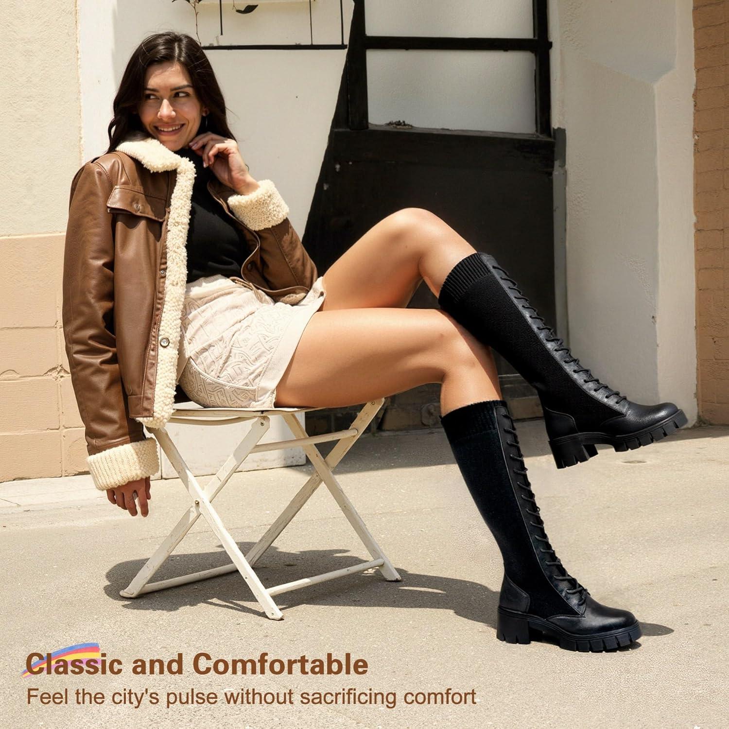 imageVepose Womens 953 Knee High Combat Boots Chunky Platform Heel Lace Up Gothic Punk Work Boots for Dresses and JeansBlack