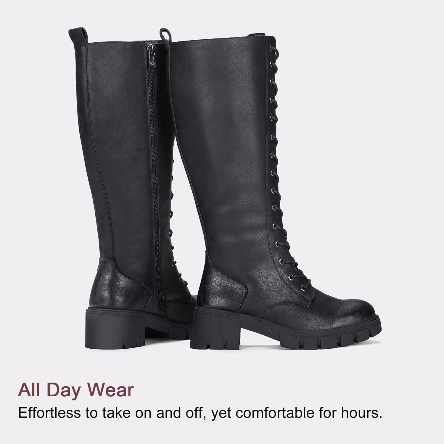 imageVepose Womens 953 Knee High Combat Boots Chunky Platform Heel Lace Up Gothic Punk Work Boots for Dresses and JeansLeatherblack Pu