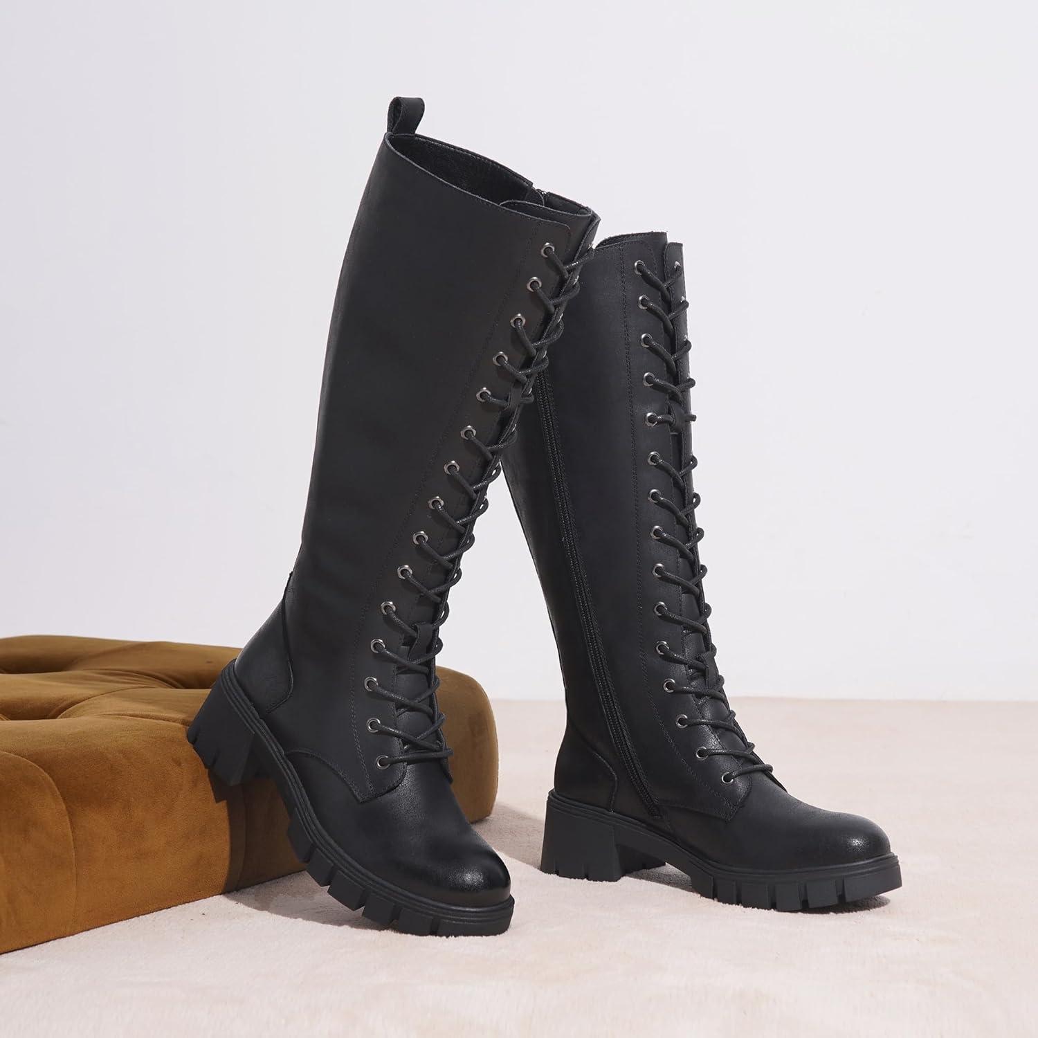 imageVepose Womens 953 Knee High Combat Boots Chunky Platform Heel Lace Up Gothic Punk Work Boots for Dresses and JeansLeatherblack Pu