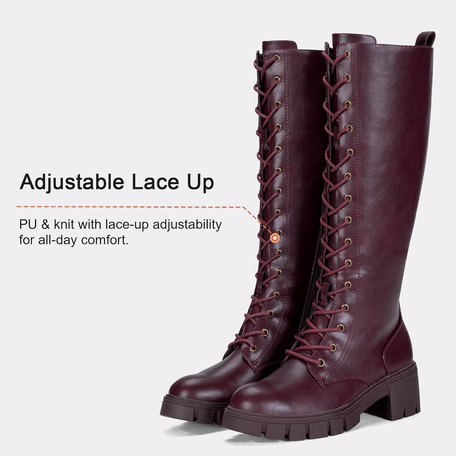 imageVepose Womens 953 Knee High Combat Boots Chunky Platform Heel Lace Up Gothic Punk Work Boots for Dresses and JeansRed Pu