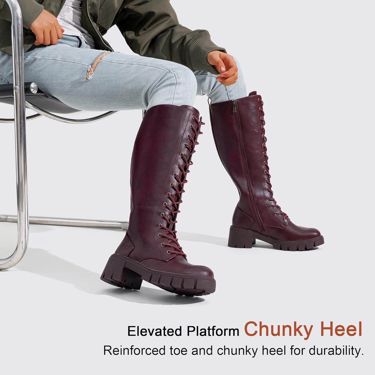 imageVepose Womens 953 Knee High Combat Boots Chunky Platform Heel Lace Up Gothic Punk Work Boots for Dresses and JeansRed Pu