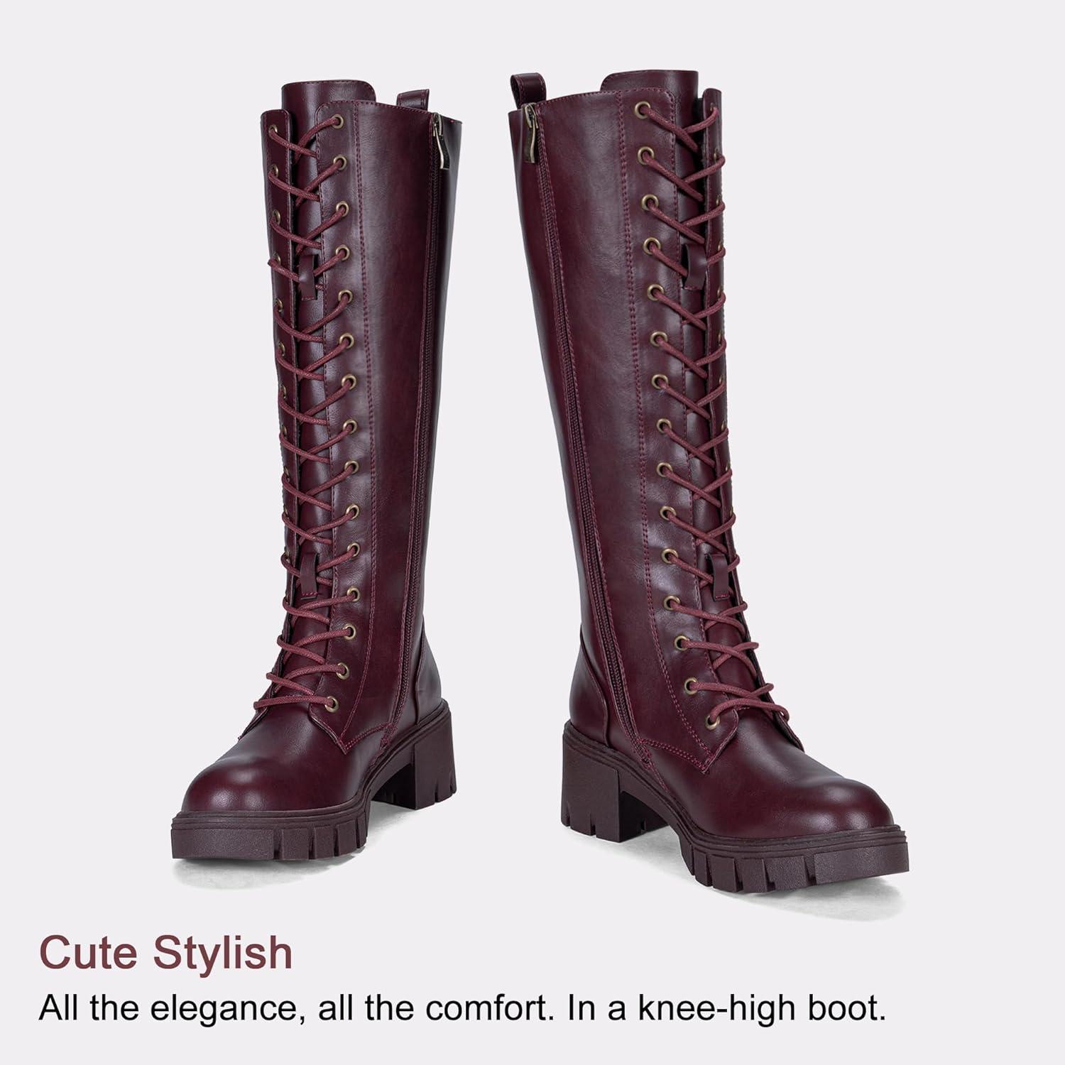 imageVepose Womens 953 Knee High Combat Boots Chunky Platform Heel Lace Up Gothic Punk Work Boots for Dresses and JeansRed Pu