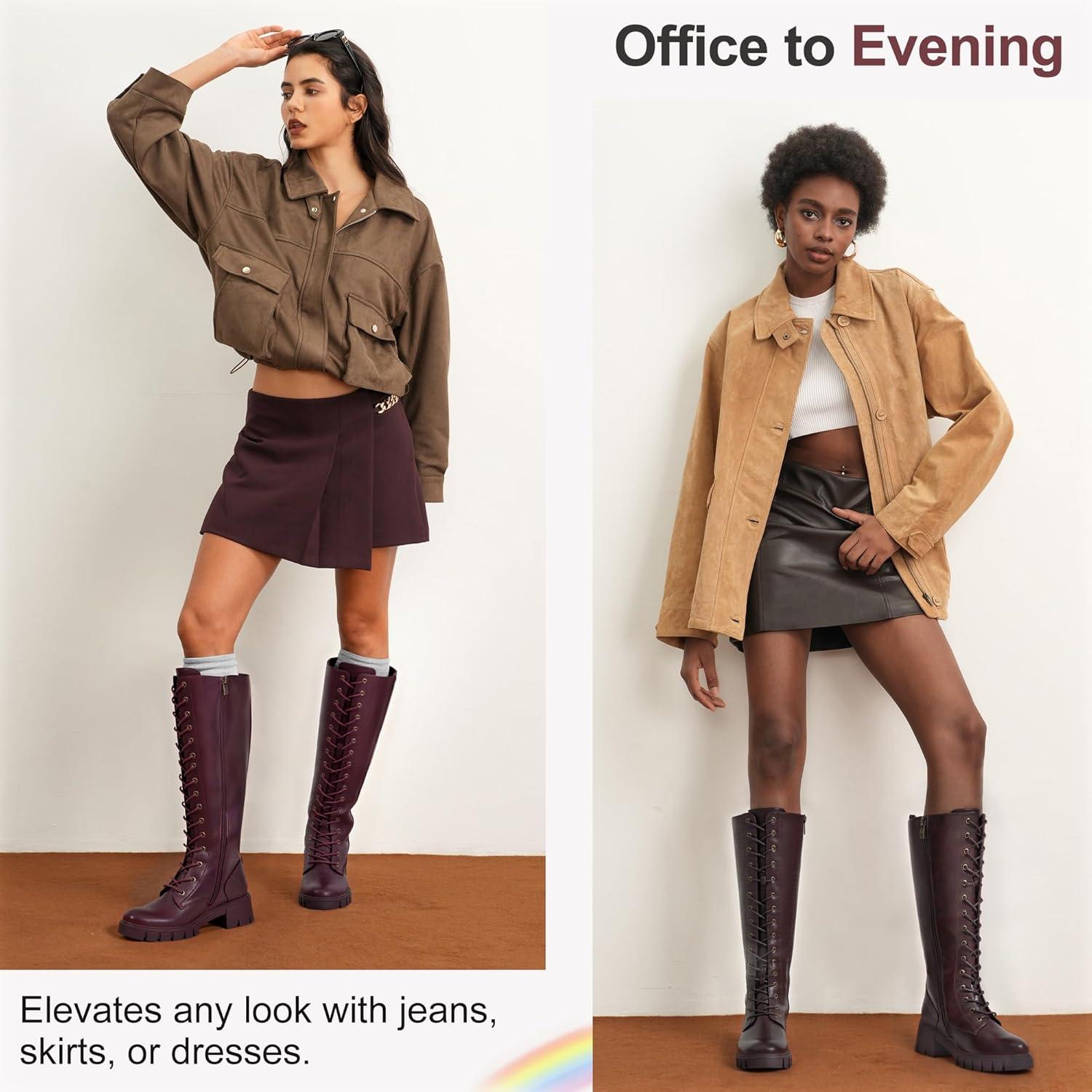 imageVepose Womens 953 Knee High Combat Boots Chunky Platform Heel Lace Up Gothic Punk Work Boots for Dresses and JeansRed Pu