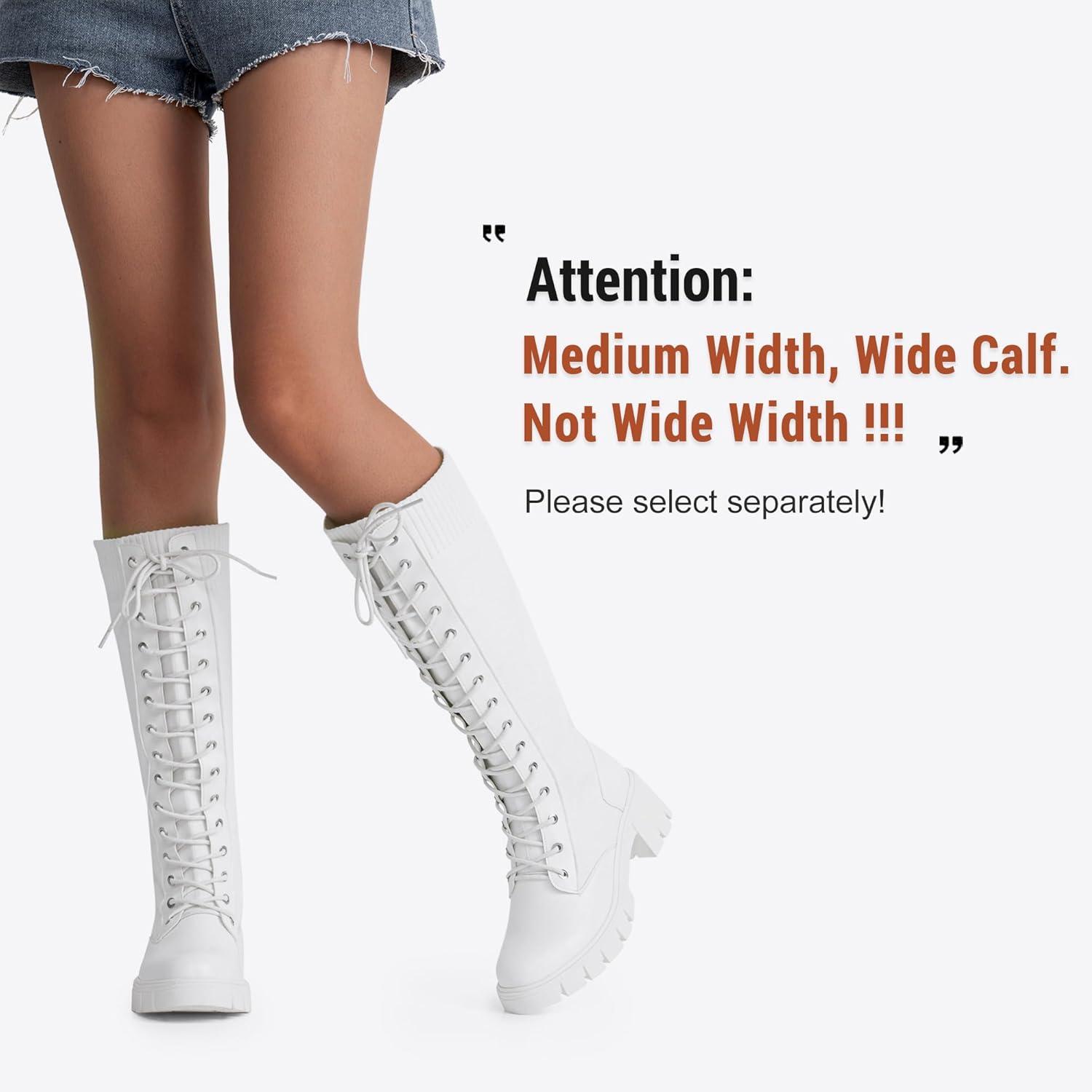 imageVepose Womens 953 Knee High Combat Boots Chunky Platform Heel Lace Up Gothic Punk Work Boots for Dresses and JeansWhite