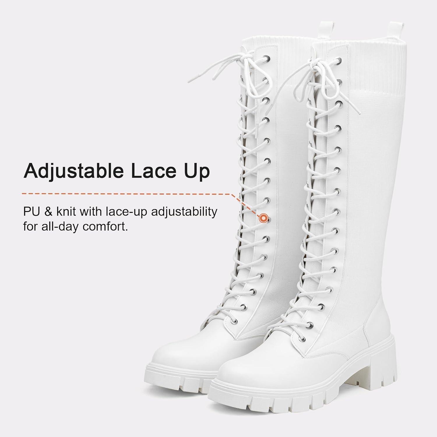 imageVepose Womens 953 Knee High Combat Boots Chunky Platform Heel Lace Up Gothic Punk Work Boots for Dresses and JeansWhite