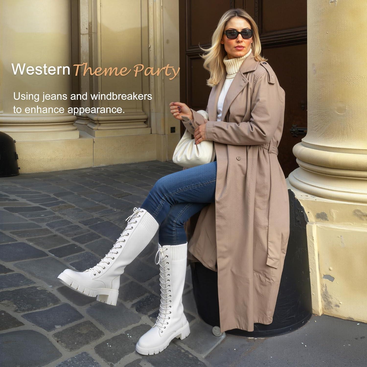 imageVepose Womens 953 Knee High Combat Boots Chunky Platform Heel Lace Up Gothic Punk Work Boots for Dresses and JeansWhite