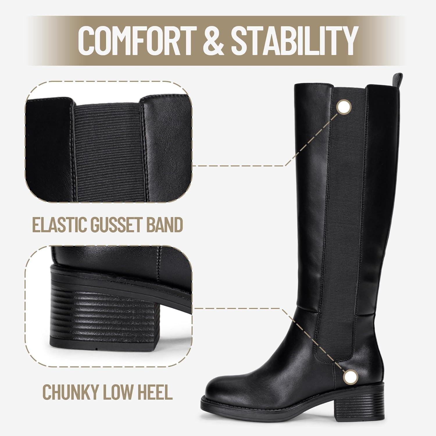 imageVepose Womens Low Heel Knee High Boots 9566 Pullon Elastic Band Round Toe Tall Gusset Boot with Inner ZipperKneehigh Boots9566black