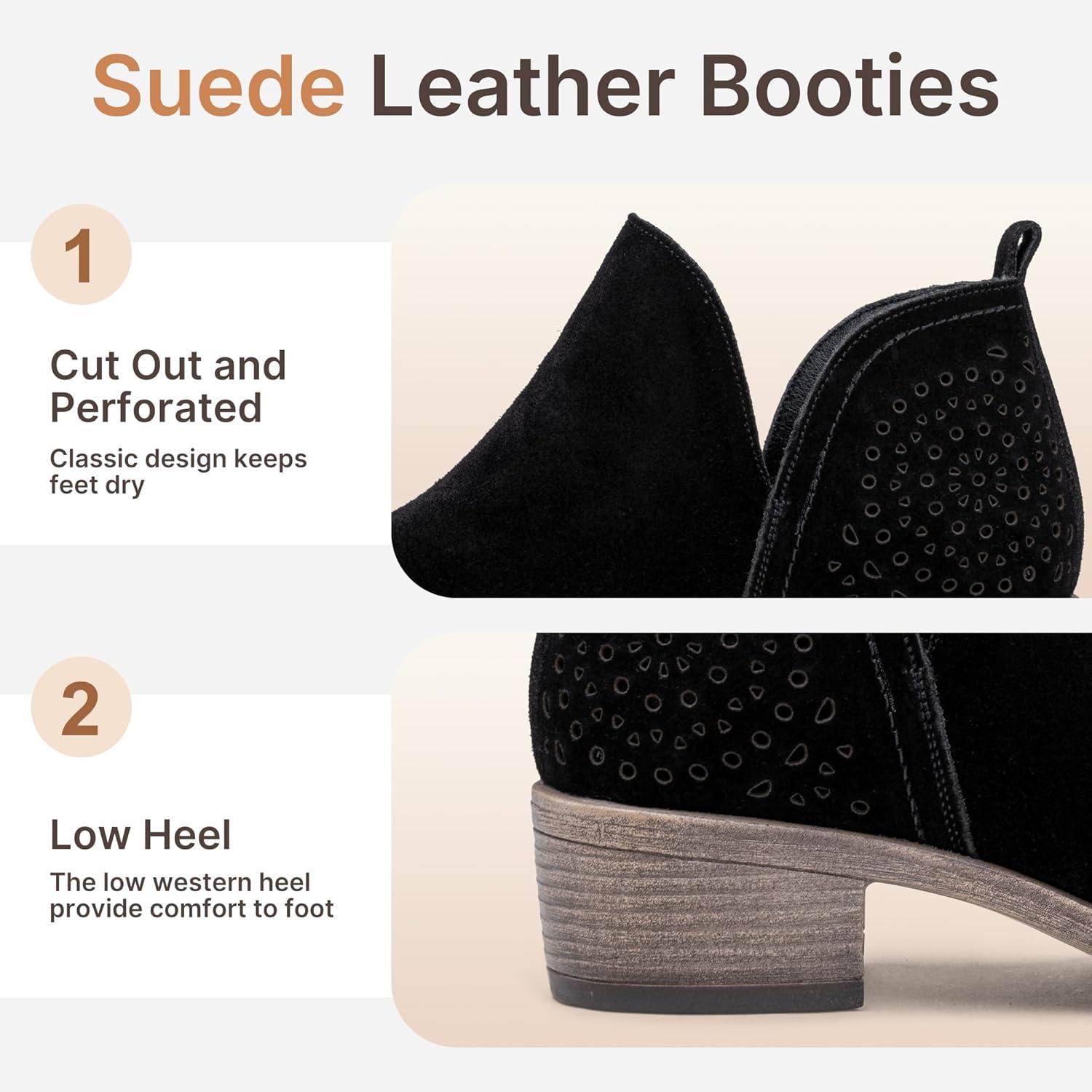 imageVepose Womens Short Ankle Boots Low Heel Western Cutout Perforated BootiesBlack Leather Cutout