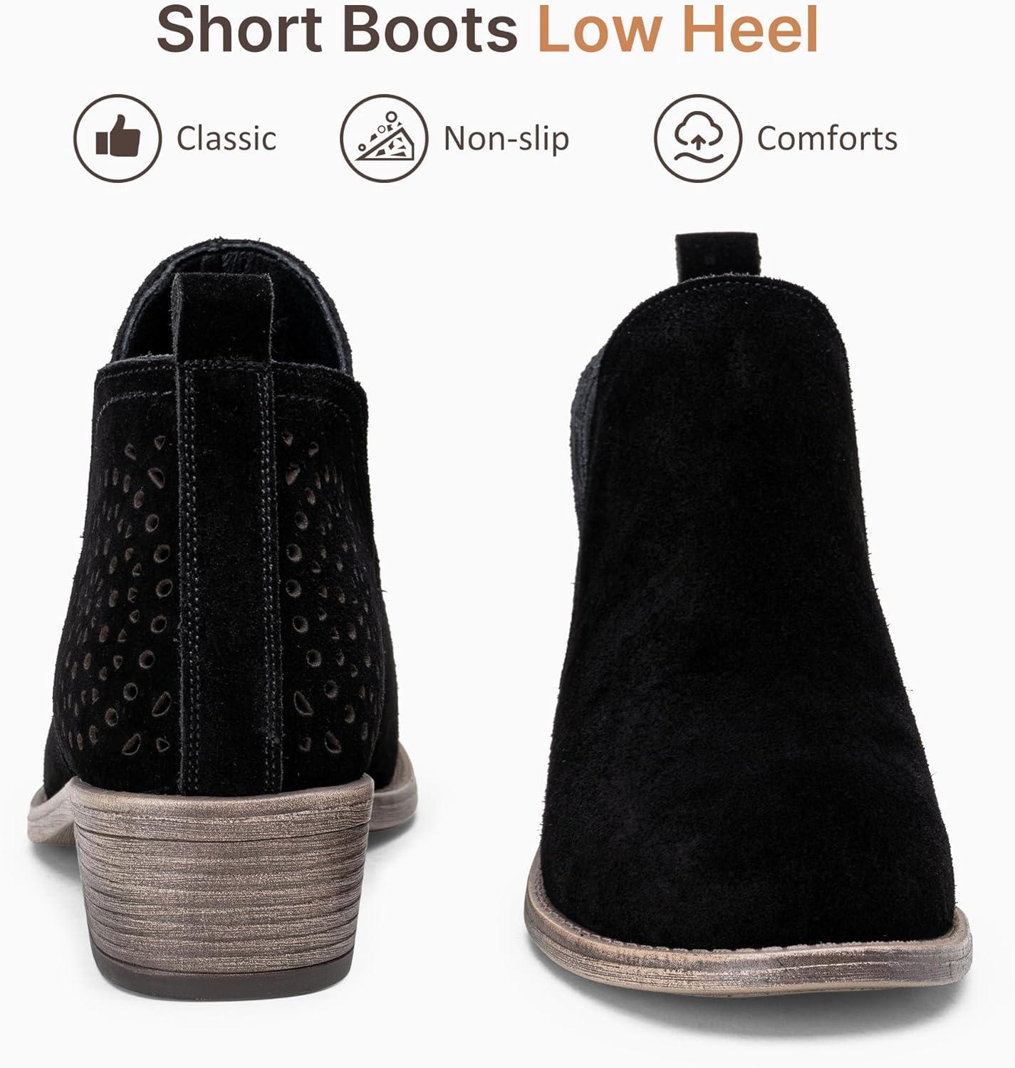 imageVepose Womens Short Ankle Boots Low Heel Western Cutout Perforated BootiesBlack Leather Cutout